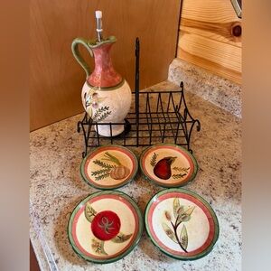 Certified International Olive Oil Carafe, (4) Plates and Metal Rack